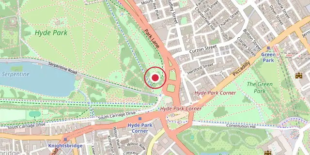 Street map of the area around Wellington Monument, London; the red dot marks 51°30′18″N 0°09′11″W