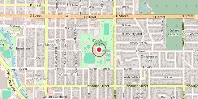 Street map of the area around Lincoln, Nebraska; the red dot marks 40°48′36″N 96°40′30″W