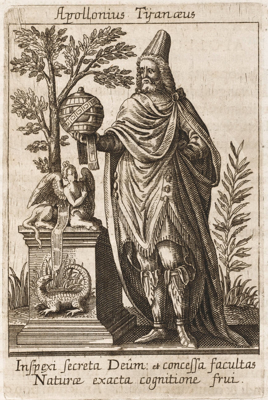 Apollonius Tyanaeus - Apollonius of Tyana in a hat holding an orb. With dragon, sphinx and tree