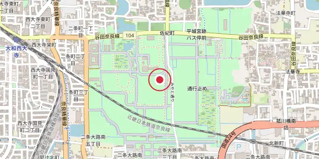 Street map of the area around Heijō-kyō; the red dot marks 34°41′28″N 135°47′42″E