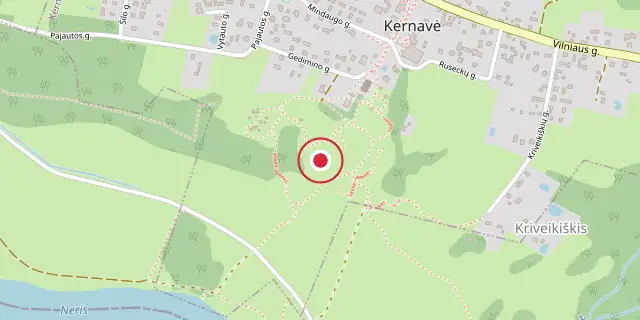 Street map of the area around Kernavė; the red dot marks 54°52′59″N 24°51′00″E