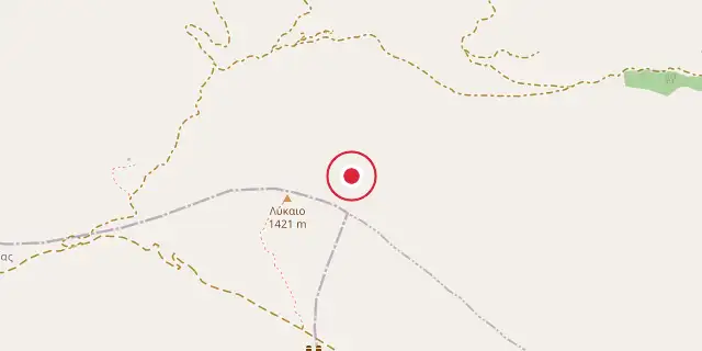 Street map of the area around Mount Lykaion; the red dot marks 37°27′25″N 21°58′30″E