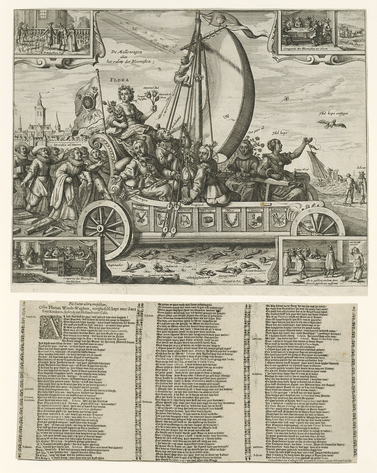 Flora's Mallewagen, 1637 De Mallewagen alias het valete der Bloemisten (titel op object), RP-P-OB-77.710