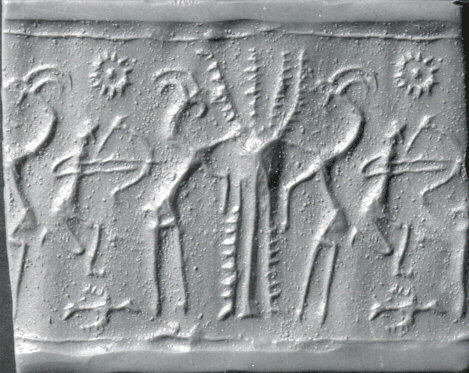 Cylinder seal and modern impression- archer aiming at goats flanking a tree MET ss43