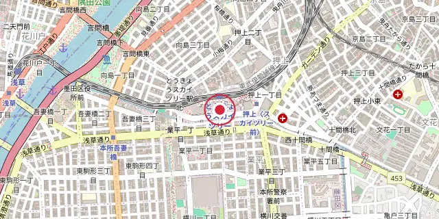 Street map of the area around Tokyo Skytree; the red dot marks 35°42′36″N 139°48′40″E