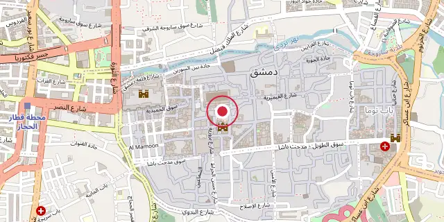 Street map of the area around Umayyad Mosque; the red dot marks 33°30′40″N 36°18′25″E