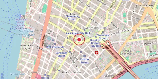 Street map of the area around Woolworth Building; the red dot marks 40°42′43″N 74°00′29″W