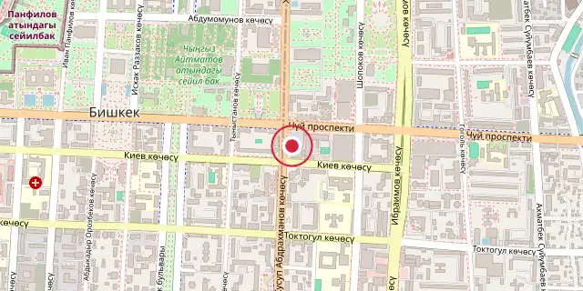Street map of the area around Bishkek; the red dot marks 42°52′30″N 74°36′43″E