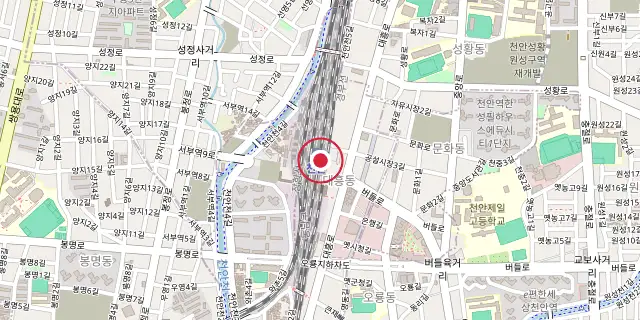 Street map of the area around Cheonan; the red dot marks 36°48′36″N 127°08′49″E