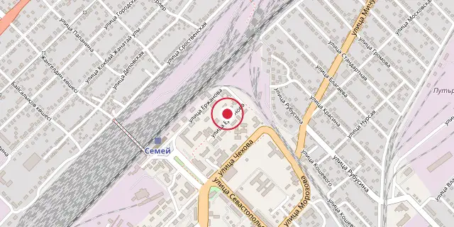 Street map of the area around Semey; the red dot marks 50°25′59″N 80°16′01″E