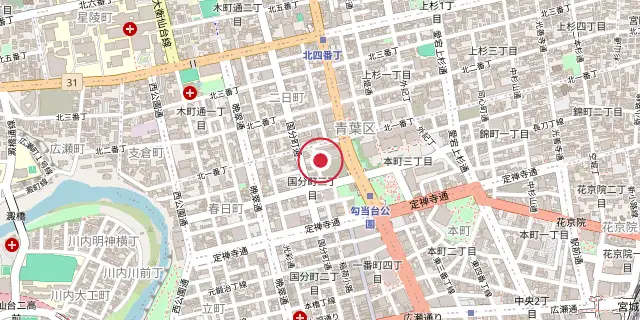 Street map of the area around Sendai; the red dot marks 38°16′05″N 140°52′08″E