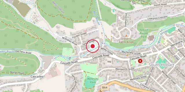 Street map of the area around Cascades Female Factory; the red dot marks 42°53′38″S 147°17′56″E
