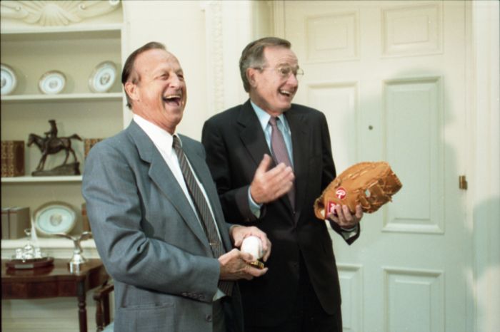 President George H. W. Bush and Stan Musial share a laugh