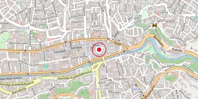 Street map of the area around Baščaršija; the red dot marks 43°51′32″N 18°25′48″E