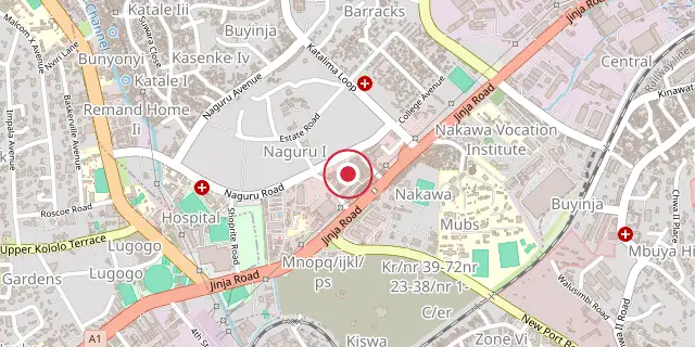 Street map of the area around Nakawa Market; the red dot marks 0°19′48″N 32°36′43″E