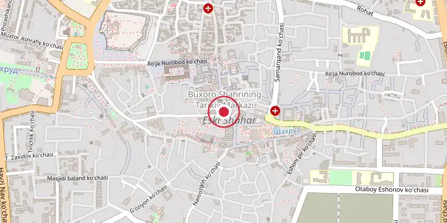 Street map of the area around Toqi Telpak Furushon; the red dot marks 39°46′26″N 64°25′01″E
