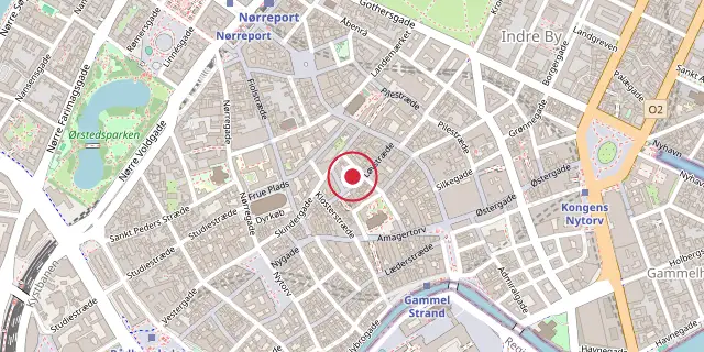 Street map of the area around Gråbrødretorv 11; the red dot marks 55°40′48″N 12°34′34″E