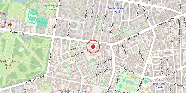 Street map of the area around Rahbeks Allé Brewery; the red dot marks 55°40′12″N 12°32′13″E