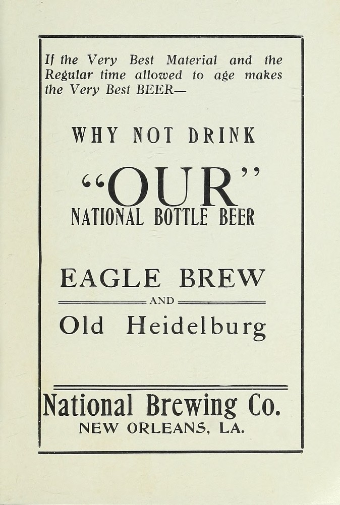 Advertisement (circa 1900) for Eagle Brew and Old Heidelberg beer made by National Brewing Company, New Orleans, Louisiana