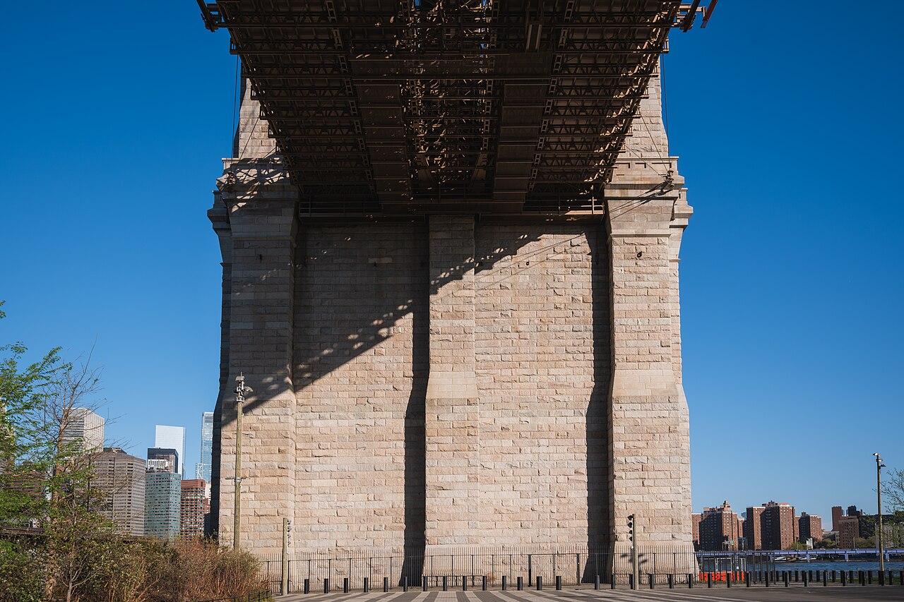 Base of the Brooklyn-side tower of the Brooklyn Bridge, low-angle view, New York City