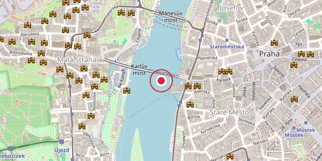 Street map of the area around Charles Bridge; the red dot marks 50°05′10″N 14°24′43″E