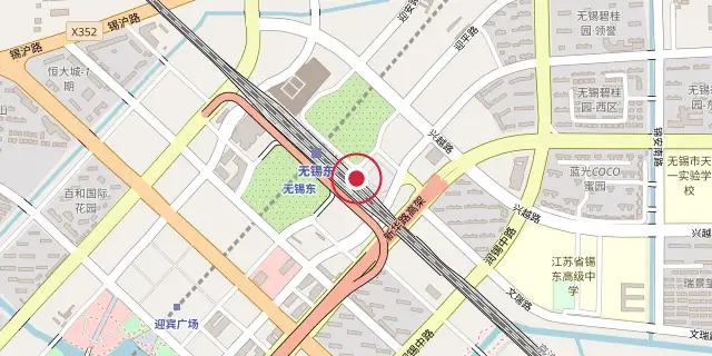 Street map of the area around Danyang-Kunshan Grand Bridge; the red dot marks 31°35′53″N 120°27′25″E