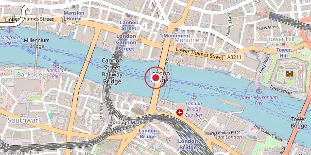 Street map of the area around London Bridge; the red dot marks 51°30′29″N 0°05′17″W