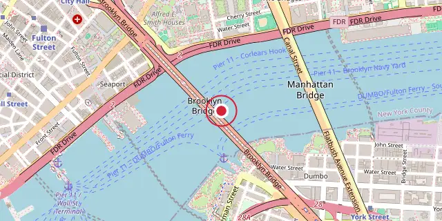Street map of the area around The Brooklyn Bridge; the red dot marks 40°42′22″N 73°59′46″W