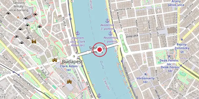 Street map of the area around The Chain Bridge; the red dot marks 47°29′56″N 19°02′38″E