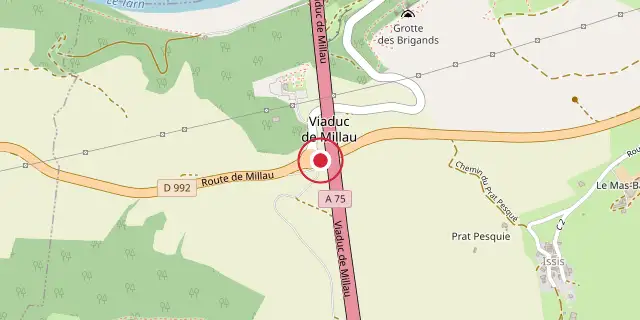 Street map of the area around The Millau Viaduct; the red dot marks 44°04′44″N 3°01′19″E