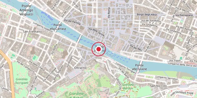 Street map of the area around The Ponte Vecchio; the red dot marks 43°46′05″N 11°15′11″E