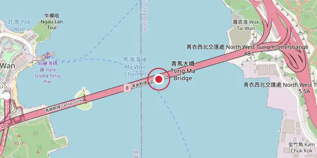 Street map of the area around Tsing Ma Bridge; the red dot marks 22°21′04″N 114°04′26″E