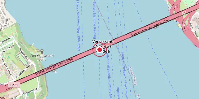 Street map of the area around Verrazzano-Narrows Bridge; the red dot marks 40°36′22″N 74°02′46″W