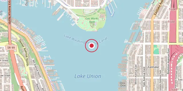Street map of the area around Lake Washington Ship Canal; the red dot marks 47°38′35″N 122°20′06″W