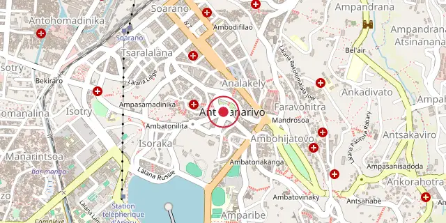 Street map of the area around Antananarivo; the red dot marks 18°54′36″S 47°31′30″E