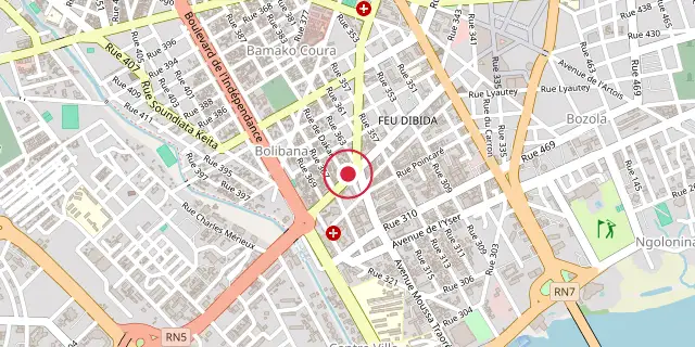 Street map of the area around Bamako; the red dot marks 12°38′20″N 8°00′11″W