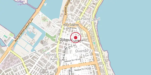Street map of the area around Djibouti City; the red dot marks 11°35′38″N 43°08′53″E