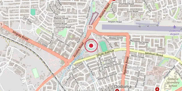 Street map of the area around Dodoma; the red dot marks 6°10′23″S 35°44′31″E