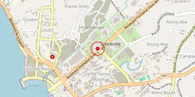 Street map of the area around Libreville; the red dot marks 0°24′29″N 9°26′24″E
