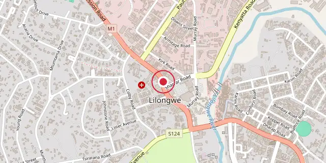 Street map of the area around Lilongwe; the red dot marks 13°59′10″S 33°46′05″E