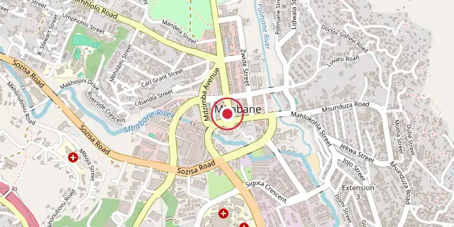 Street map of the area around Mbabane; the red dot marks 26°19′34″S 31°08′38″E