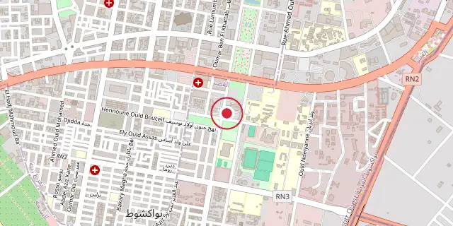 Street map of the area around Nouakchott; the red dot marks 18°05′06″N 15°58′23″W