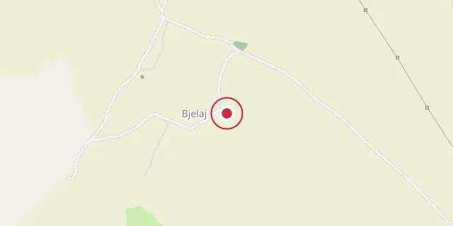 Street map of the area around Bjelaj Fortress; the red dot marks 44°34′59″N 16°11′56″E