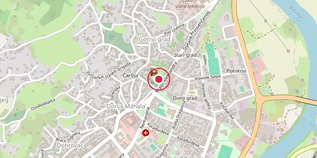 Street map of the area around Fortress of Doboj; the red dot marks 44°44′13″N 18°05′17″E