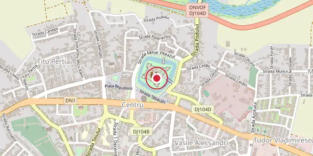 Street map of the area around Făgăraș Citadel; the red dot marks 45°50′42″N 24°58′26″E