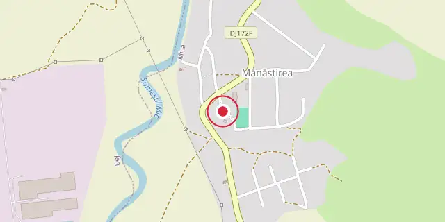 Street map of the area around Kornis Castle; the red dot marks 47°07′08″N 23°55′16″E