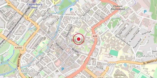Street map of the area around Canterbury Cathedral; the red dot marks 51°16′48″N 1°04′59″E