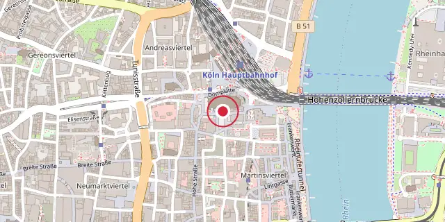 Street map of the area around Cologne Cathedral; the red dot marks 50°56′28″N 6°57′29″E