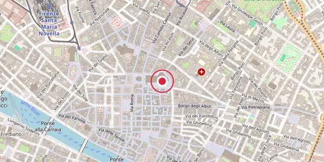 Street map of the area around Florence Cathedral; the red dot marks 43°46′23″N 11°15′25″E