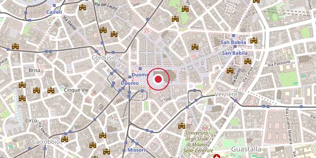 Street map of the area around Milan Cathedral; the red dot marks 45°27′50″N 9°11′28″E